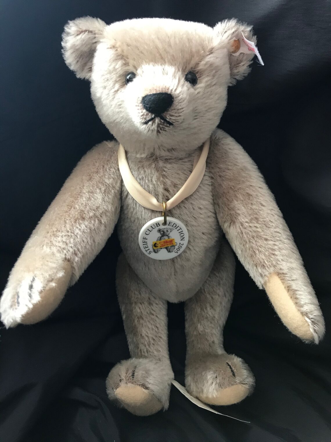 Luxusplüsch. Richard Steiff Teddy in grau, hellbeige Bärenpfoten, 30 cm groß mit hellbeiger Seidenschleife und Porzellanmarke um den Hals